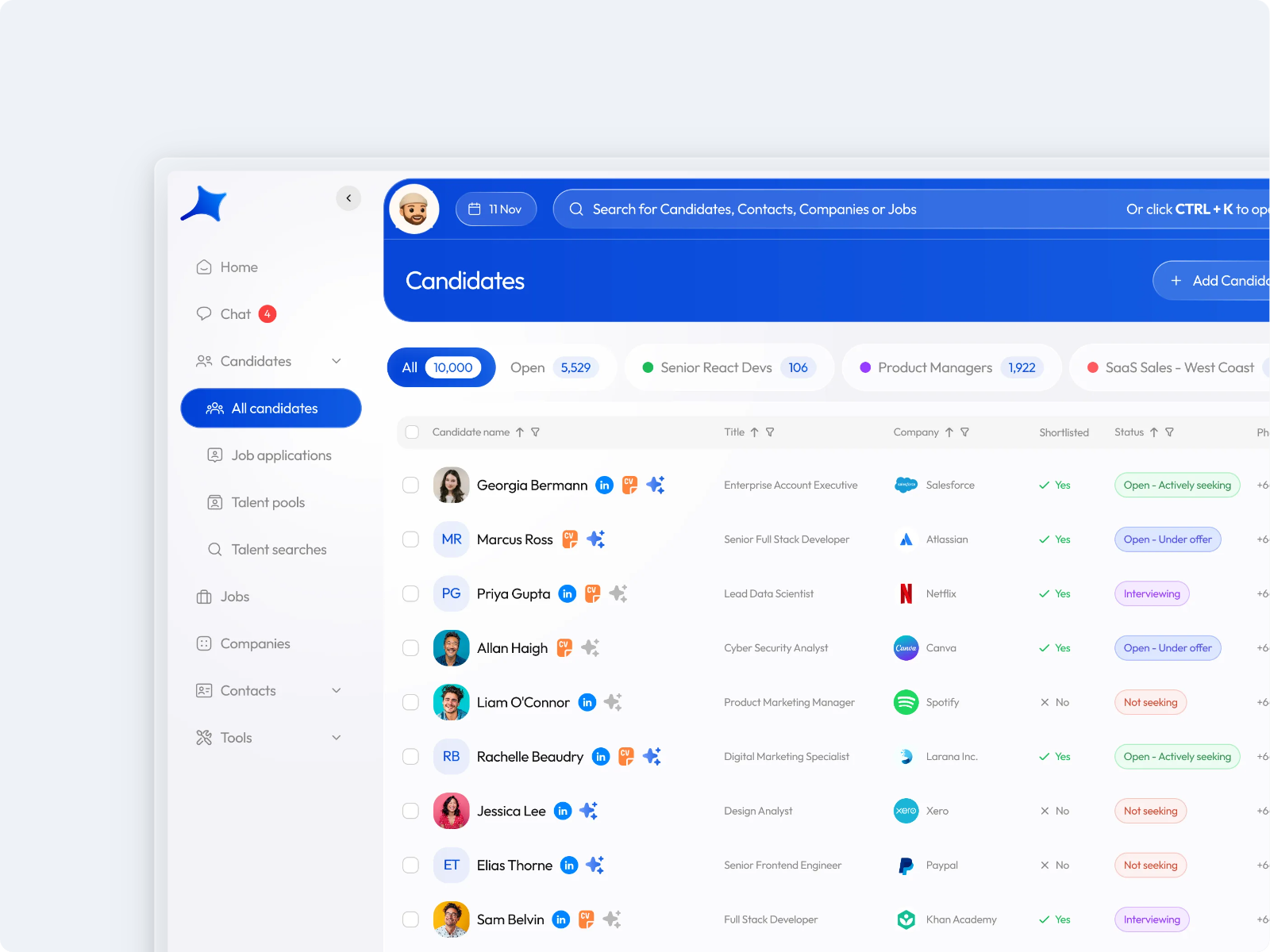 Caliber’s candidate workspace, with job applications and talent pools