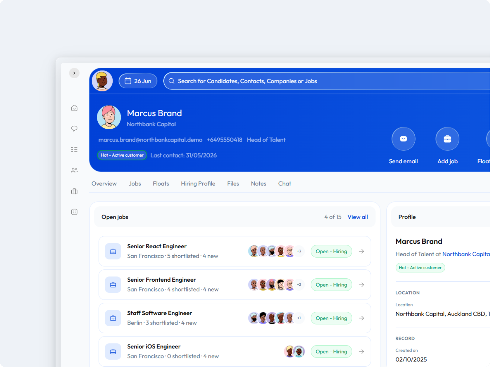 Client contact record with related jobs and candidate shortlists