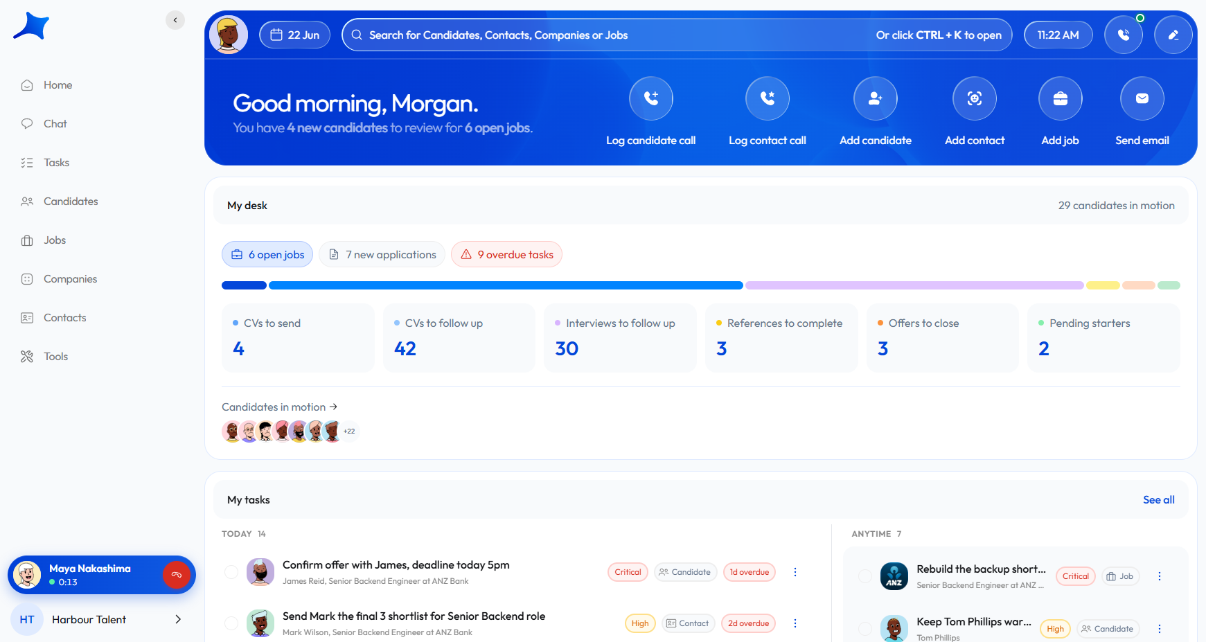 The Caliber dashboard with jobs, candidates and tasks together