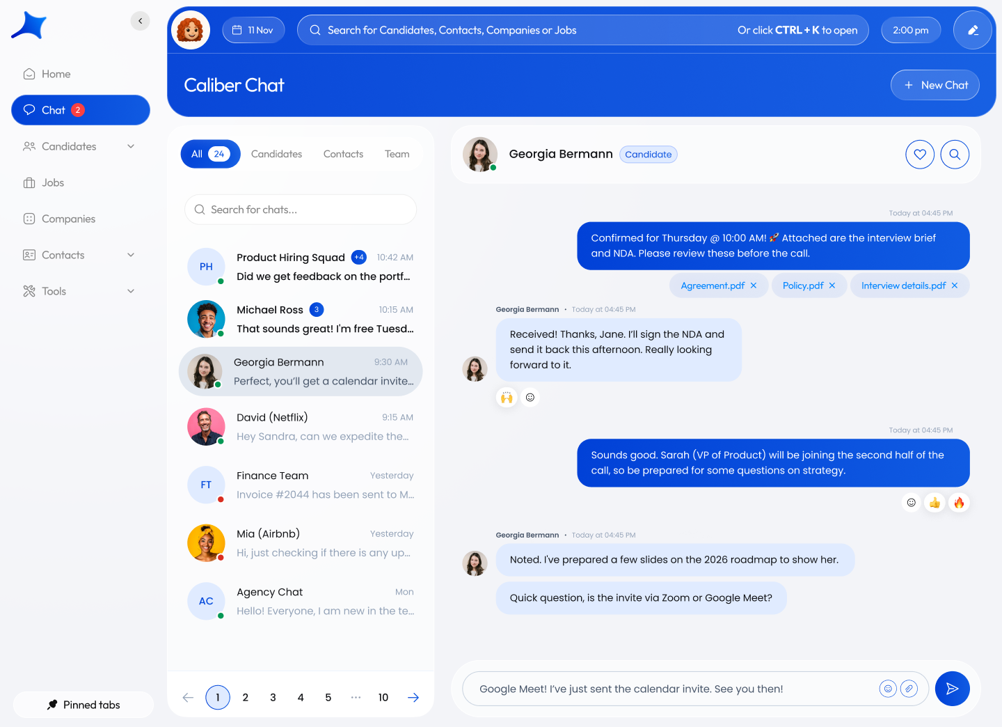 Caliber Chat with candidate, contact and team conversations